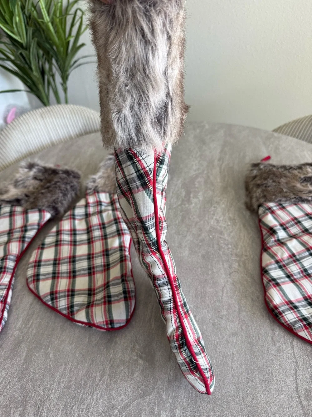 Plaid Holiday Stockings with Faux Fur Cuff - Red White Green (Set of 4)